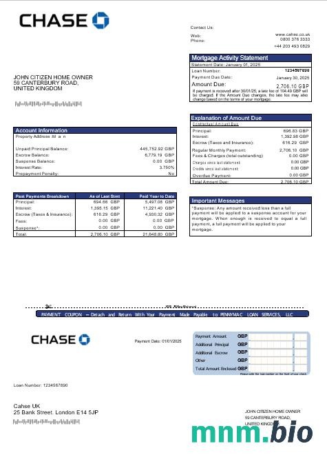 Zjednoczone Królestwo Chase Bank wyciąg z kredytu hipotecznego w formatach Word i PDF